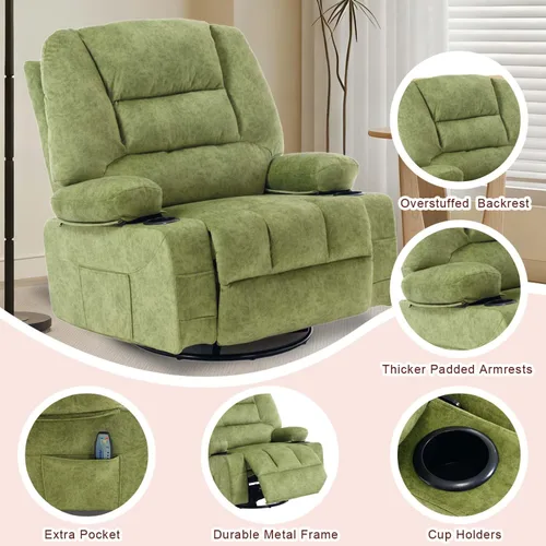 Miniatura 5 de KCQ Silla reclinable giratoria de gran tamaño con portavasos de calor para masaje, sillas reclinables de tela con relleno para guardería, mecedora
