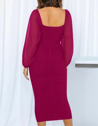 Miniatura 8 de ZESICA Vestido midi sexy y fruncido para mujer 2024, manga larga, cuello cuadrado, espalda descubierta, cóctel, fiesta, boda