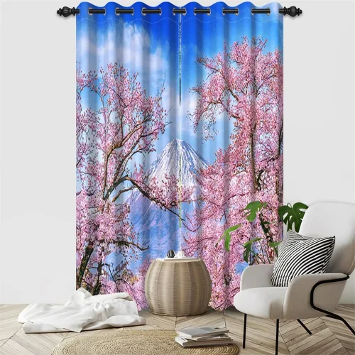 Miniatura 44 de Cortinas japonesas con pintura de tinta, monte Fuji, sol rojo, puesta de sol, hojas de bambú, cortinas de ventana para dormitorio, sala de estar