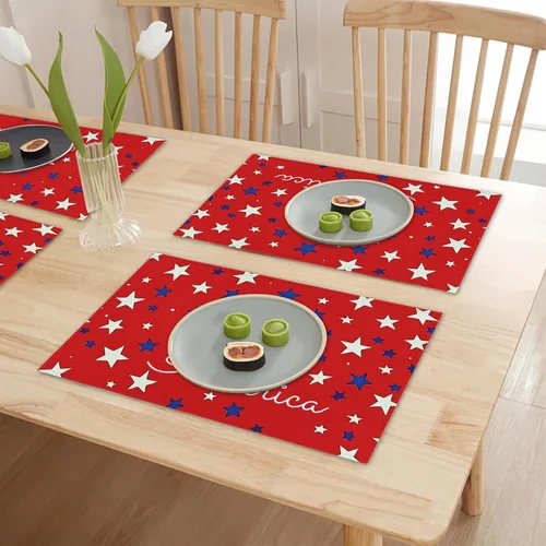 Miniatura 5 de Juego de 4 manteles individuales patrióticos del 4 de julio, con diseño de bandera estadounidense, con estrellas rojas y azules, 12 x 18 pulgadas