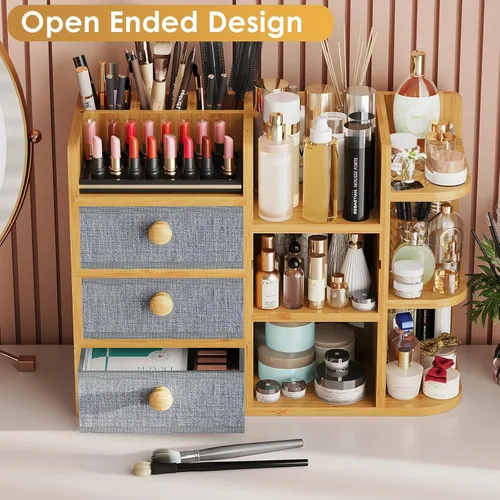 Miniatura 3 de Organizador de maquillaje grande de bambú para tocador, organizador de baño de bambú de 3 niveles de gran capacidad y almacenamiento, soporte