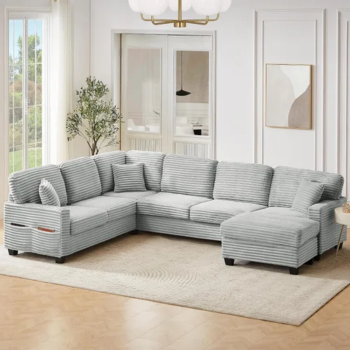 Miniatura 11 de Sofá modular de gran tamaño, moderno en forma de U, tapizado en pana suave con una tumbona para sala de estar