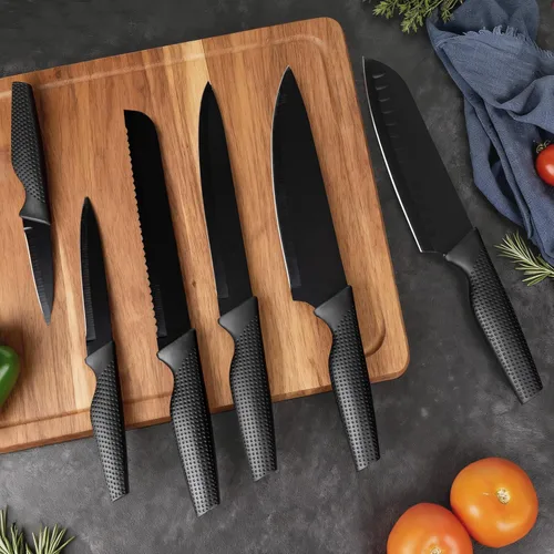 Miniatura 8 de Juego de 20 cuchillos de cocina con bloque, acero inoxidable alemán, apto para lavavajillas, mango antideslizante, color negro