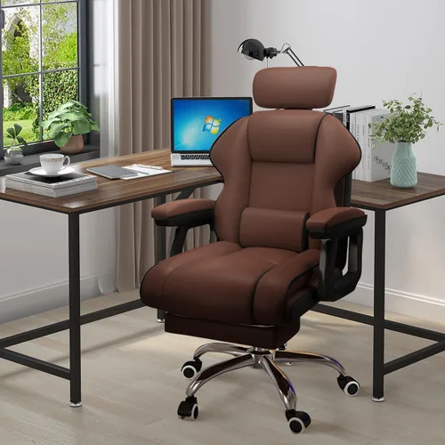 Miniatura 6 de Silla ejecutiva para computadora, silla de escritorio para oficina en casa, ángulo ajustable, ergonómica, de altura ajustable, sillas de piel Marrón