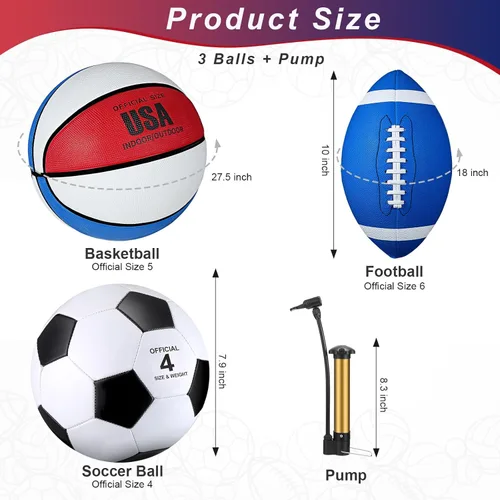 Miniatura 2 de Libima Juego de 3 pelotas deportivas para niños y adolescentes, incluye tamaño oficial, baloncesto, fútbol, fútbol con bomba y bolsa de transporte