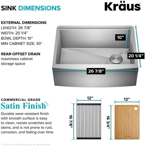 Miniatura 5 de KRAUS Kore KWF210-27 - Fregadero de cocina de acero inoxidable de calibre 16 con estación de trabajo de granja de 27 pulgadas con accesorios