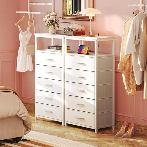 Miniatura 7 de Huuger Cómoda blanca con 5 cajones y estación de carga, cómoda alta para dormitorio, mesita de noche alta con acabado de piel sintética, estante