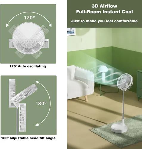 Miniatura 3 de Ventilador oscilante plegable recargable de 9 pulgadas, 7200 mAh, funciona con pilas, ventilador pequeño con control remoto, ventiladores