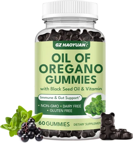 Gomitas de aceite de orégano con aceite de semilla negra + vitamina D3, aceite de orégano orgánico de alto carvacrol, apoyo inmunológico y