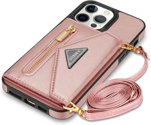 Miniatura 12 de Cartera con cremallera compatible con iPhone 14 Pro Max, funda cruzada con correa para mujer, tarjetero y cordón de 6.7 pulgadas, función atril