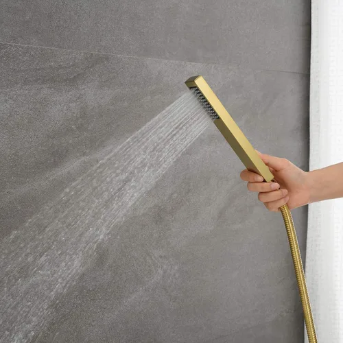 Miniatura 6 de Grifo de bañera independiente Llenador de bañera de oro cepillado Grifos de montaje en piso de latón de una sola manija con ducha de mano 2-Oro