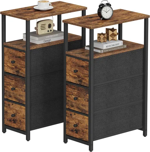 Miniatura 16 de TUTOTAK - Mesa auxiliar pequeña y estrecha con estación de carga; mesa de lado con tomas de corriente; mesita de noche con 2 cajones de tela; mesa