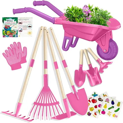 Miniatura 13 de Qtioucp - Juego de herramientas de jardinería para niños, juguetes al aire libre, juego de patio trasero con carretilla, juguetes educativos STEM