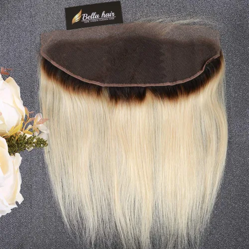 Miniatura 2 de Bella Hair Ombre 1b/613 Encaje frontal con raíces oscuras, 13x4 de oreja a oreja frontal cabello humano virgen liso liso 12 pulgadas