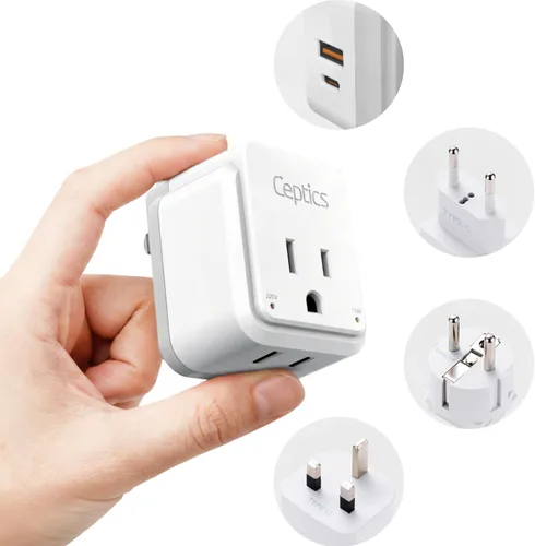 Ceptics Juego de adaptadores de viaje de enchufe europeo, 20 W PD y control de calidad, USB dual seguro y USB-C - 2 enchufes de EE. UU. - Compacto -