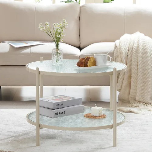 Miniatura 7 de VINGLI Mesa de Centro Redonda Pequeña de 25.6" Blanco Crema con Vidrio de Onda de Agua Círculo Transparente Mesa de Centro, Mesa Central con Diseño