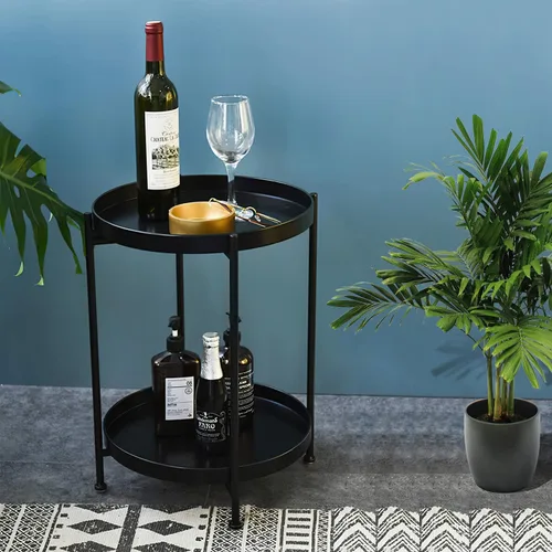 Miniatura 6 de Mesa auxiliar redonda, bandeja de metal negro de 2 niveles, mesa auxiliar de metal para sofá, sala de estar, mesa de té, espacios pequeños