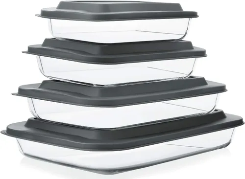Miniatura 4 de Juego de 8 platos para hornear de vidrio profundo con tapas de plástico, juego de utensilios rectangulares de vidrio con tapas, moldes para hornear