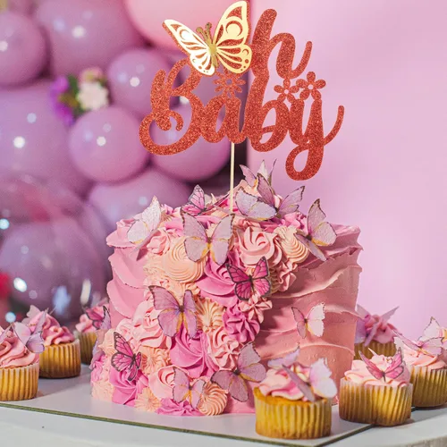Miniatura 6 de Gyufise 1 pieza de mariposa Oh Baby Cake Topper Glitter Baby Shower Butterfly Cake Pick para revelación de género Baby Shower Niños fiesta de Rojo