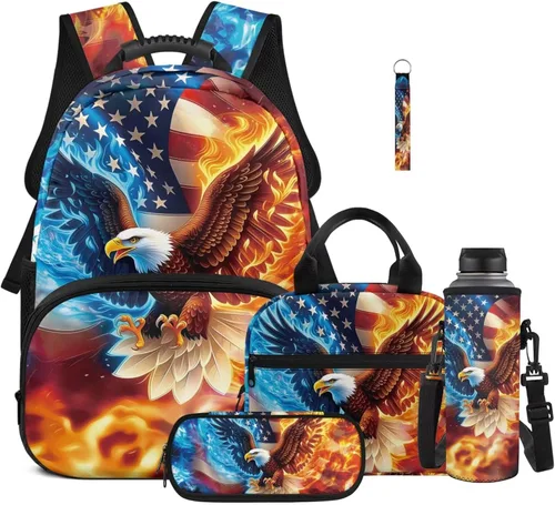 Bulopur Eagle American Flag Print Kids Backpack Boys Elementary School 17 Inch Bookbag With Lunch Bag Water Bottle Holder Keychain Pencil Case 5