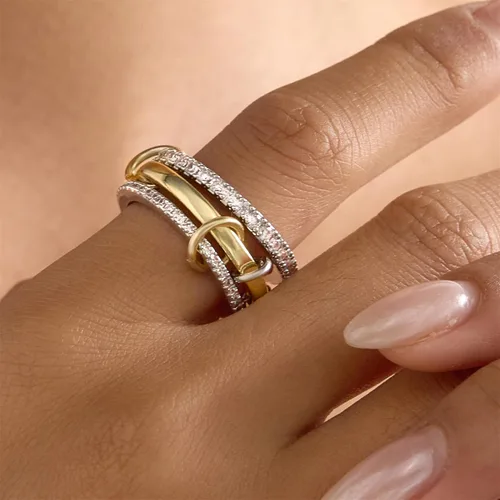 Miniatura 5 de Anillos apilables para mujer, chapados en oro de 18 quilates, juego de 3 anillos con circonita cúbica, juego de anillos plateados y dorados