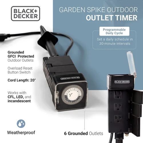 Miniatura 4 de BLACK+DECKER Temporizador de jardín con 6 tomas de tierra - Temporizador de salida impermeable con intervalos de 30 minutos para luces, herramientas