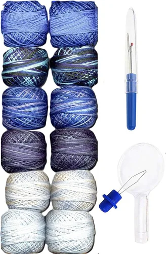 Valdani Hilo de bordar Perle Algodón Tamaño 12 Teñido a Mano 2 in Colección Azul (PC12-TwoBlue) con Destripador de Costura y Enhebrador de Agujas