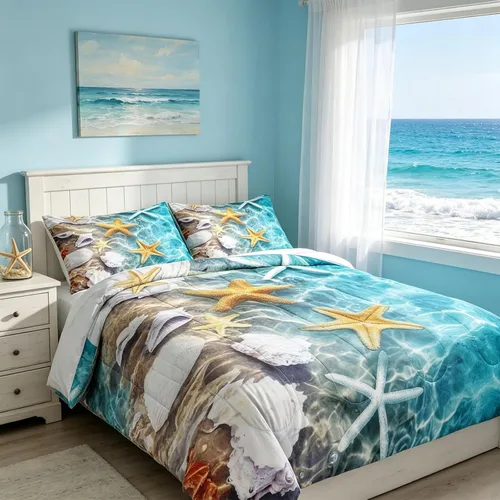 Miniatura 6 de BDUCOK Twin Size Ocean Starfish Comforter Set Teal Turquoise Beach Bedding with Seashell Print Coastal Nautical Bedroom Decor All Season 3005Twin