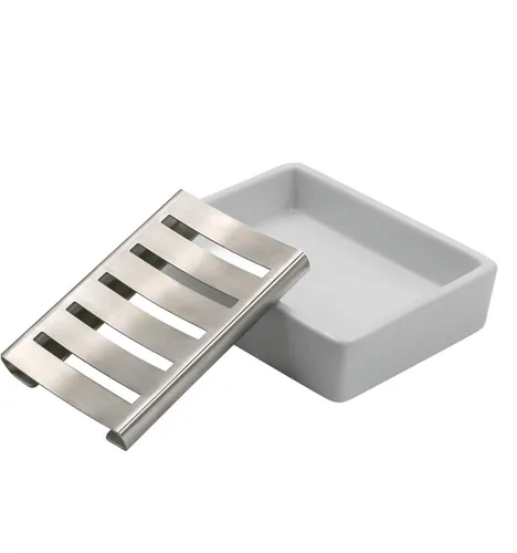 Miniatura 8 de TOPSKY Jabonera de cerámica de acero inoxidable para baño, doble capa, bandeja de jabón autodrenante, di no al jabón blando, fácil limpieza (blanco)