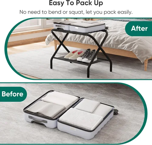 Miniatura 4 de Smuxee Portaequipajes Negro Paquete de 2, Soporte Plegable para Maletas con Estante de Almacenamiento de Tela, Portamaletas con 4 Correas de Nailon