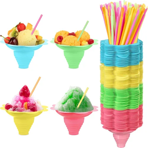 Boao 200 tazas de cono de nieve de flores coloridas de 5 onzas con cuchara, pajita, forma de flor, plástico a prueba de fugas, tazón de helado