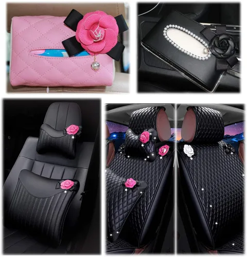 Miniatura 3 de AKOAK Adorno de flor de camelia de piel sintética para llavero bolso e interior del coche (negro/blanco)