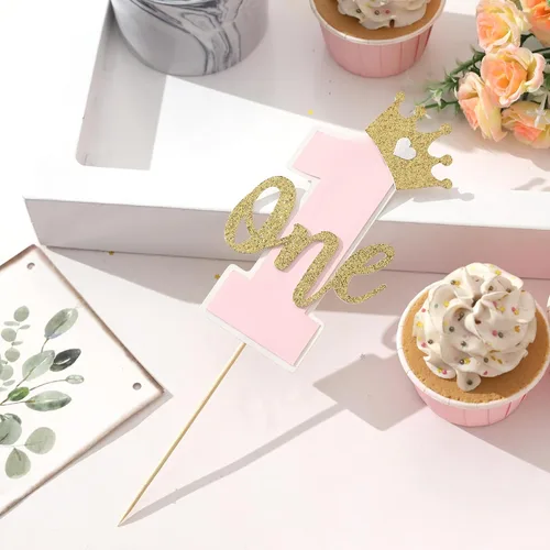 Miniatura 6 de Una decoración para tartas para bebés, rosa y dorado para el primer cumpleaños, accesorios para el primer cumpleaños
