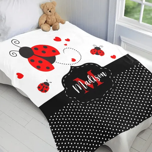 Miniatura 2 de Manta de forro polar con monograma y diseño de lunares negros con nombre para niñas que duermen con diseño de mariquita, 50 x 60 pulgadas, regalo