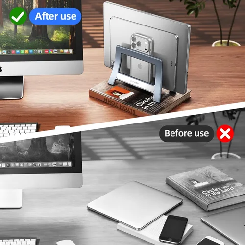 Miniatura 7 de Soporte vertical para laptop para escritorio, soporte para MacBook con bloqueo automático por gravedad, soporte vertical de plástico ABS compatible