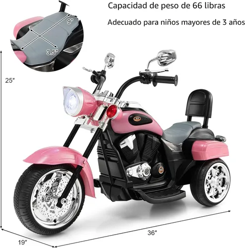 Miniatura 5 de Costzon Motocicleta Infantil, Motocicleta de Paseo a Batería de 6V con Claxon, Faro, Motocicleta Chopper de 3 Ruedas Estable, Motocicleta Eléctrica