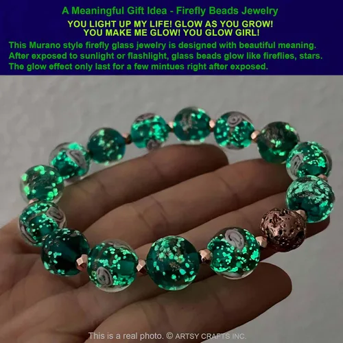 Miniatura 4 de ARTSY Crafts - Pulsera de cuentas de luciérnaga que brillan en la oscuridad, color azul océano luminoso, cuentas de cristal de Murano, joyería