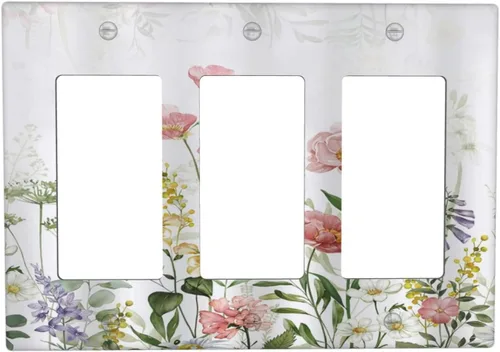 Miniatura 76 de Cubiertas de Salida Triple Basculante con Hojas de Plantas de Eucalipto Azul en Acuarela Floral, Placa Frontal Decorativa de 3 Posiciones, Cubierta
