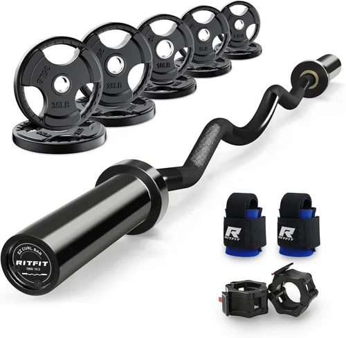 Miniatura 10 de RitFit Barra de rizo EZ de 2 pulgadas con pesas, barra olímpica de capacidad de 350 libras para bíceps y tríceps, entrenamiento de fuerza
