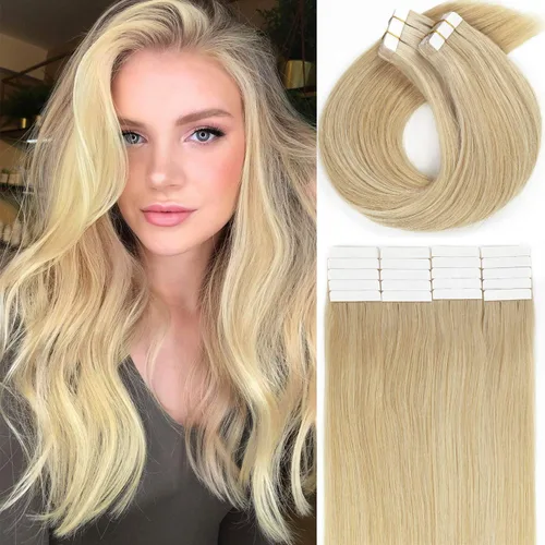 Miniatura 29 de Lacer Extensiones de cabello humano con cinta, cabello humano castaño mezclado con marrón oscuro con raíces de color marrón oscuro, invisible