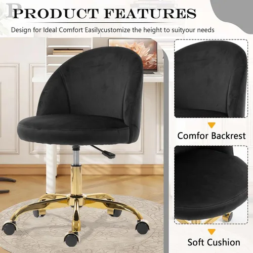Miniatura 4 de Silla de tocador negra y dorada con respaldo, silla pequeña para tocador, sillas de maquillaje giratorias de terciopelo y bonitas sillas déak