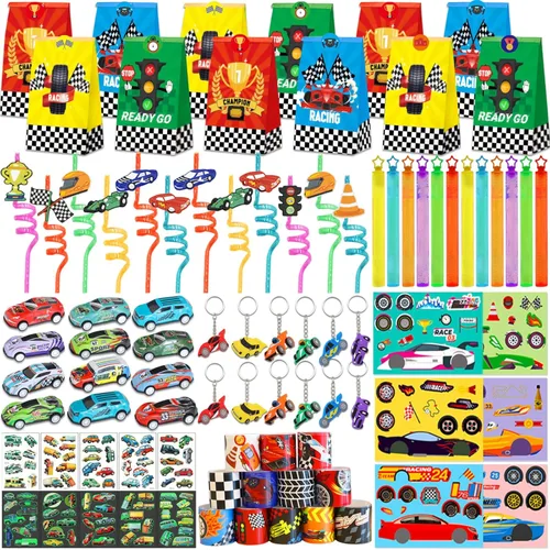 96 piezas de recuerdos de fiesta de autos de carreras, suministros de fiesta de cumpleaños de autos de carreras, incluye mini autos de carreras,