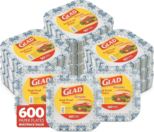 Miniatura 6 de Glad Platos cuadrados de papel desechables, patrón victoriano verde, fuertes, resistentes, a prueba de remojo y aptos para microondas para cena