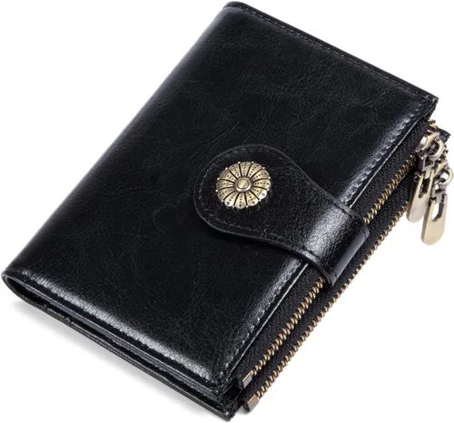 Miniatura 9 de Cartera pequeña para mujer, con bloqueo RFID, de piel suave, plegable, compacta, tarjetero para mujer, con bolsillo con cremallera, color negro