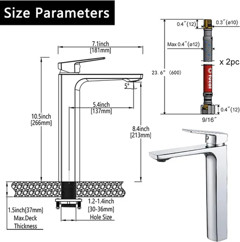 Miniatura 7 de VOTON Grifo de fregadero cromado de latón macizo, grifo alto de una sola manija para lavamanos de baño, grifo para lavabo de latón macizo, grifo