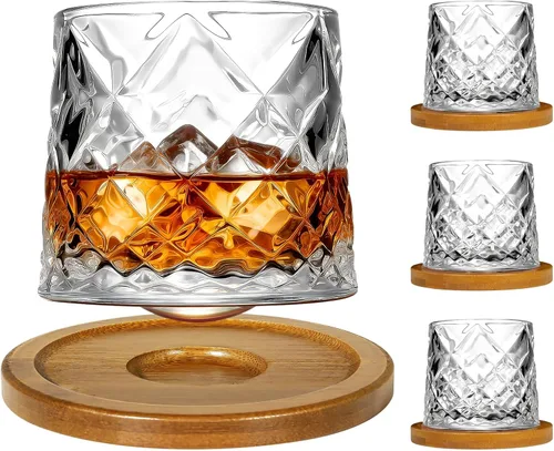 Miniatura 20 de Vaso de vidrio antiguo giratorio, 275ml/10oz de vidrio de whisky de cristal, posavasos de madera, engrosamiento, utilizado como vaso de ron, vaso