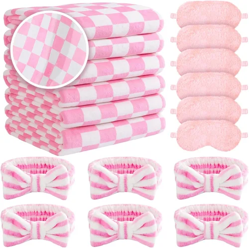 Miniatura 10 de Fanfanwin 18 piezas de suministros de fiesta de pijamas para niñas, 6 estilos lindos degradados, 6 diademas de forro polar coral para spa, 6