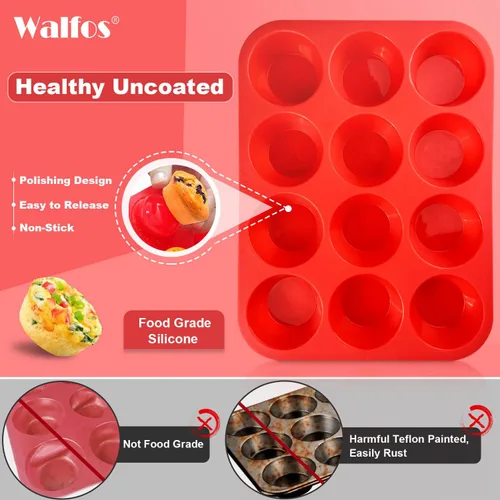 Miniatura 3 de Walfos Molde de silicona para magdalenas, juego de 3 moldes para magdalenas, incluye 24 tazas de mini moldes para muffins, 12 tazas regulares y 6