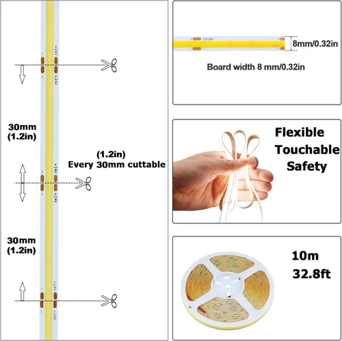 Miniatura 3 de 10M (32.8 pies) 24V Tira de luz LED COB Blanca natural 4000K 3840LED CRI 93+ 6800lm Brillo uniforme sin puntos IP20 No impermeable Tira de luces LED