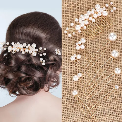 Geosar Accesorios para el cabello de boda, juego de 9 pinzas para el cabello, incluye peine de perlas y alfileres para novias, damas de honor,